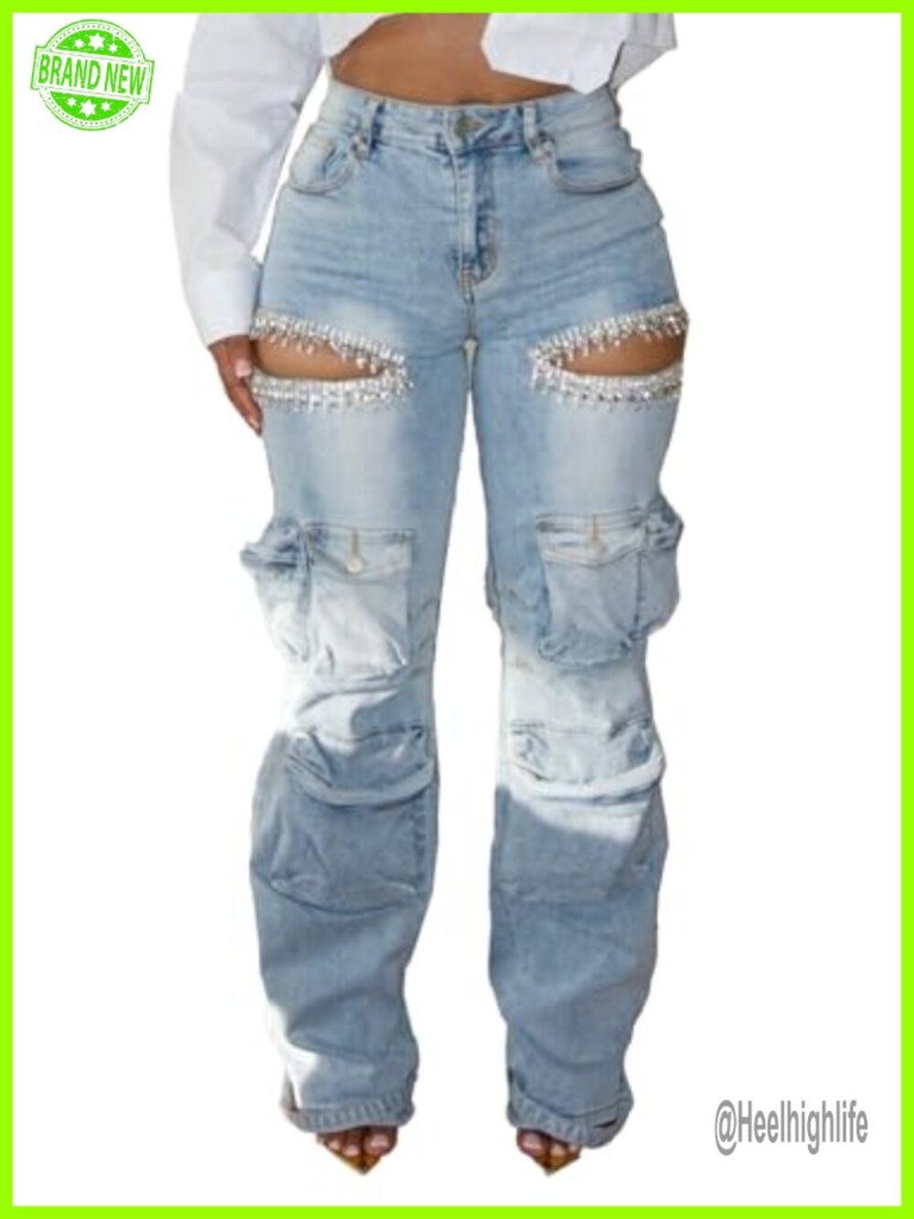 High Waisted Cargo Jeans Rhinestone Pearl Ripped Stretchy Denim Pants